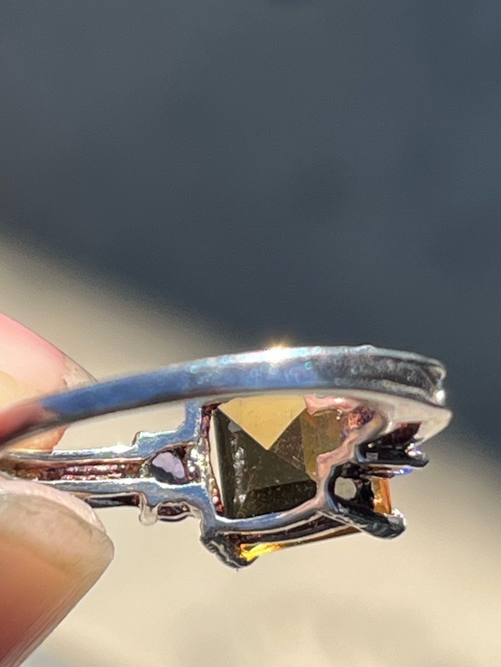 925 Sterling Silver Princess-Cut Golden Yellow Gemstone Ring with Purple Stones - Picture 9 of 10